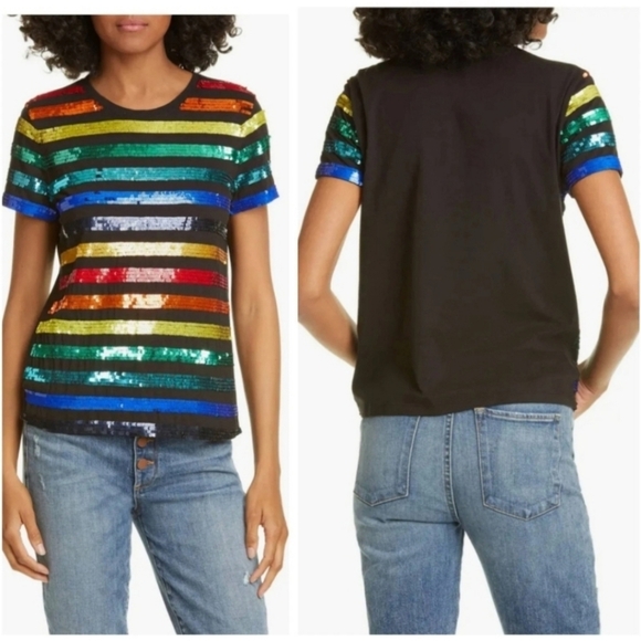 Alice + Olivia Rylyn Sequin Rainbow Stripe Tee size XS - Picture 10 of 12